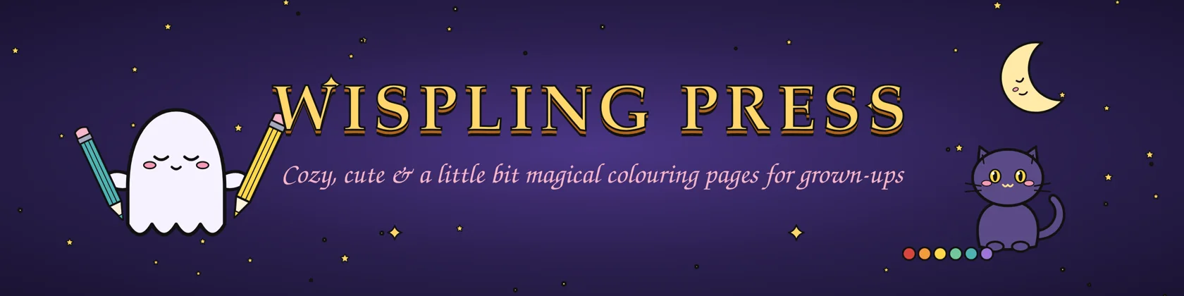 Wispling Press: cute ghost with pencils, black cat and crescent moon