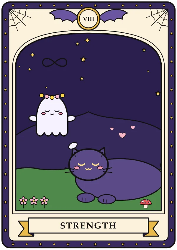 Strength tarot card from the Haunted Arcana deck: Real strength isn't roaring. It's a tiny ghost calmly scratching a giant sleepy cat behind
