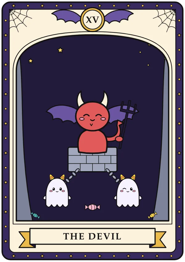 The Devil tarot card from the Haunted Arcana deck: The imp is offering unlimited candy. The chains are made of candy too, and look how loose 